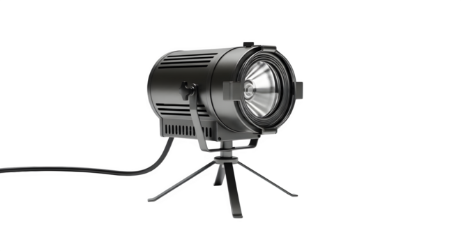 Studio lighting equipment on a tripod, isolated on transparent background the light is black and has a metal grill over the lens for protection