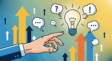 Illustration depicting a hand pointing towards a lightbulb, symbolizing ideas and growth, with upward arrows.