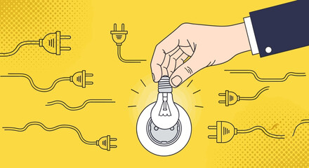 A businessman's hand screwing a glowing lightbulb into a power socket surrounded by multiple electrical plugs.