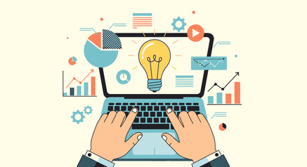 A person working on a laptop with a lightbulb symbolizing a new idea, surrounded by data charts and marketing icons.