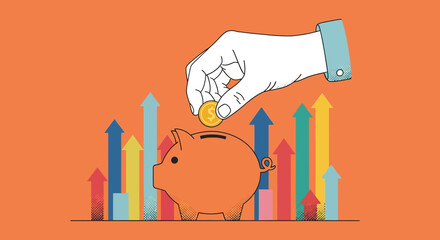 A hand dropping a gold coin into a piggy bank, symbolizing savings and investment growth with a rising bar chart.