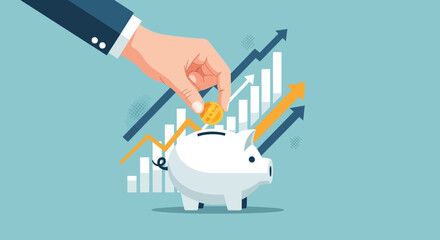 A hand placing a coin into a piggy bank with rising financial graph bars and arrows in the background, symbolizing savings and investment growth.