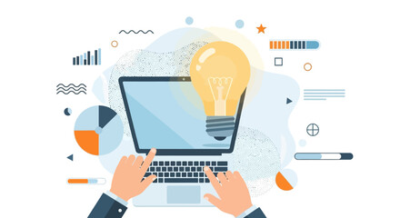 Creative concept of a laptop with a light bulb, representing ideas and innovation in business.