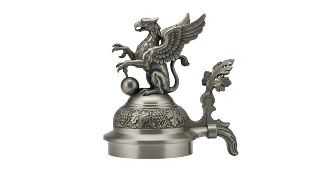 Closeup of a pewter beer stein lid with a griffin perched on top, isolated on transparent background the griffin is holding a sphere in its claws