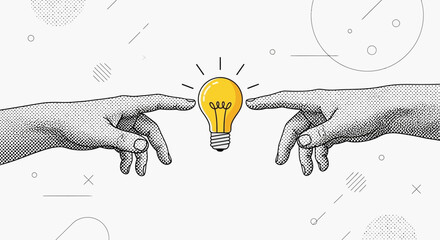 Artistic illustration depicting two hands touching a lightbulb, symbolizing ideas and innovation.
