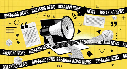 Breaking news concept with laptop, megaphone, and crumpled paper on a yellow grid background.