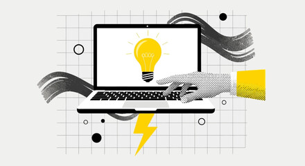 A hand points to a laptop displaying a bright idea lightbulb, symbolizing innovation and technology.