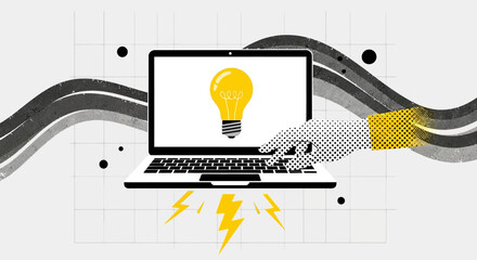 A stylized illustration of a hand interacting with a laptop displaying a glowing lightbulb, symbolizing innovation and ideas.