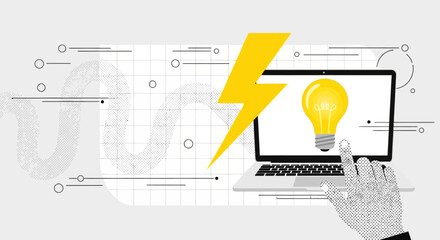 Digital concept of innovation and ideas with a laptop displaying a light bulb, a lightning bolt, and a pointing hand.