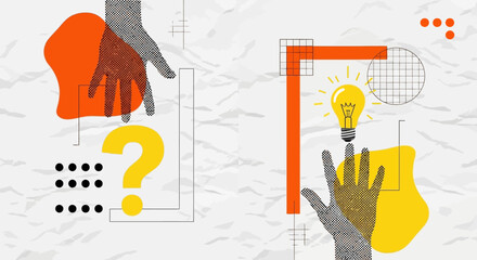 Abstract illustration of hands, question mark, and lightbulb, representing ideas and problem-solving.