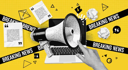 Breaking news concept with megaphone, laptop, and crumpled paper.