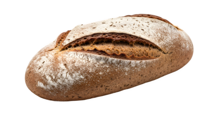 Studio shot of a loaf of rye bread isolated on transparent background the bread is crusty and has a dusting of flour on top