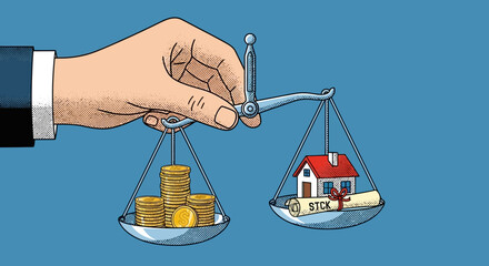 A hand holding a balance scale weighing a stack of gold coins against a house with a property title scroll, symbolizing real estate investment and value.