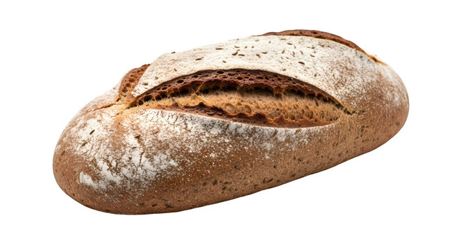 Studio shot of a loaf of rye bread isolated on transparent background the bread is crusty and has a dusting of flour on top