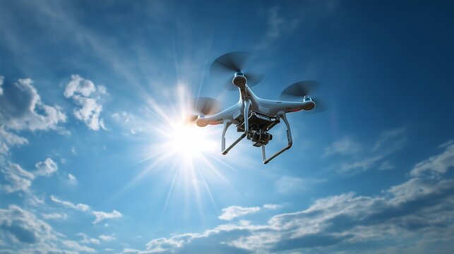 A drone flying in the blue sky. A collection of technologies. AI-generated.