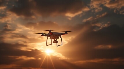 A drone flying through the sunset. A collection of technologies. AI-generated.