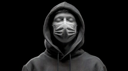 Obraz premium young man wears a surgical mask and closes his eyes the person is dressed in a hoodie and photographed against a dark black background in monochrome quarantine and pandemic concept generative ai