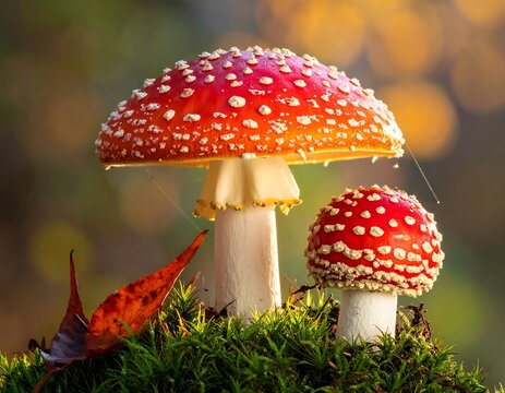 Two vibrant red toadstools in autumnal setting - Powered by Adobe