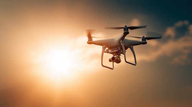 A drone flying through the sunset. A collection of technologies. AI-generated.