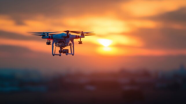 A drone flying through the sunset. A collection of technologies. AI-generated.