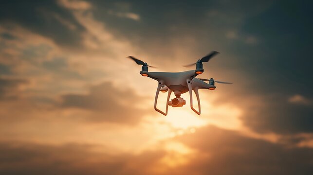 A drone flying through the sunset. A collection of technologies. AI-generated.