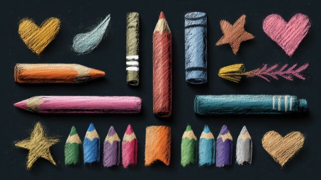Colorful Chalk Pencils and Drawings on Blackboard, Representing Creativity and Artistic Expression for Back to School Supplies and Educational Resources : Generative AI