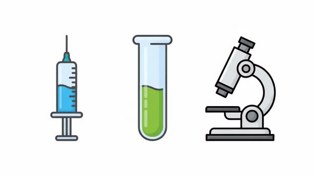 Set of flat vector medical icons, including a syringe, test tube, and microscope for healthcare and laboratory use