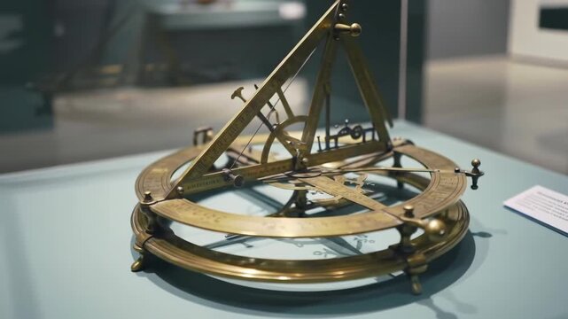 Detailed view of an intricate, antique brass astronomical instrument displayed inside a glass case, showcasing historical scientific tools, capturing the essence of knowledge and discovery.