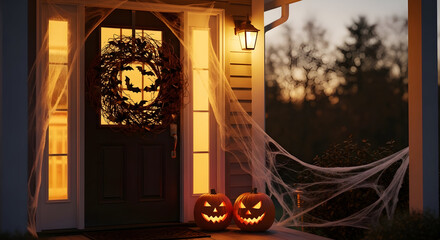 Festive halloween porch decorations with glowing jack-o'-lanterns and a spooky bat wreath at twilight.