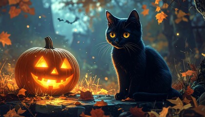 Fototapeta premium Enchanting Black Cat with Glowing Eyes Beside a Jack-o'-Lantern on a Mystical Autumn Night