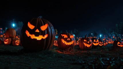 creepy glow glowing lantern pumpkins with carved faces in the dark detailed halloween background with pumpkin patch