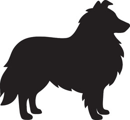 Black Silhouette of Herding Dog with Fluffy Fur Standing Side View Illustration

