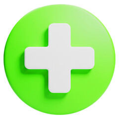 A bright green circular 3D button featuring a white plus or cross symbol. This digital icon represents addition, positive, growth, health, and creation.