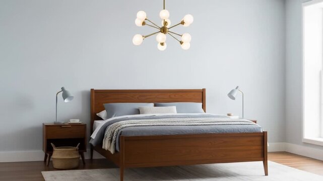 Stylish bedroom with wooden bed and modern lighting