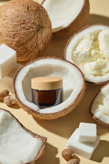 Flat lay of coconut halves, shea butter, and nuts with leaf accent, clean advertising photography ideal for spa, wellness, skincare, and organic cosmetic brands. An amber jar display for design
