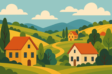 Naklejka premium Countryside Village Landscape Illustration, Meadow House Tree Hill Rural Background Design