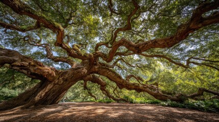Obraz premium An enormous oak tree showcases its expansive branches and thick foliage, casting a cool shadow on the forest floor. Sunlight filters through the leaves, enhancing the serene atmosphere.