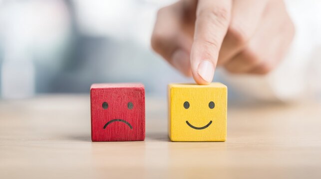 Choosing a Positive Outlook: A hand turns a wooden block from a frown to a smile, representing a conscious shift towards a brighter perspective and emotional well-being.