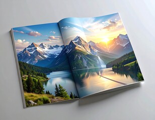 Stunning Landscape Scene Within a Magazine, Showcasing Mountain and Lake Beauty