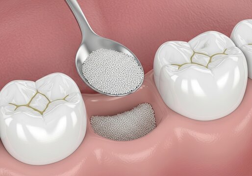 Dental Bone Graft Procedure with Metal Spoon Filling Defect Granules in Gum Tissue