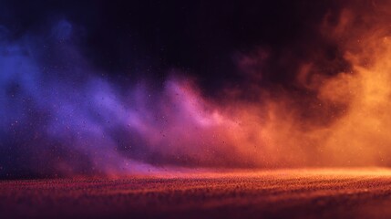 A ground-level view of a dark scene where orange and blue smoke swirl against a black backdrop