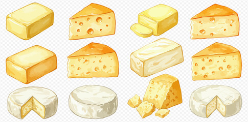A watercolor illustration featuring a variety of dairy products including different types of cheese wedges, blocks, and rounds, alongside blocks of butter.