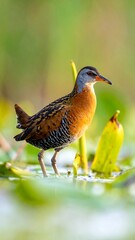 Close-up of a wading bird on lily pads