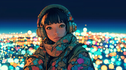 夜景を背景にした音楽を聴く女性