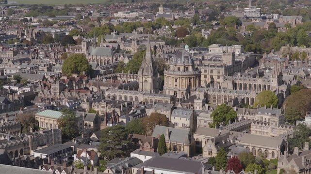 Establishing aerial view of Oxford, United Kingdom. Beautiful city with prestigious university