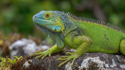 Obraz premium A vibrant green iguana perches on a weathered rock, showcasing its colorful scales. The creature enjoys sunlight amid rich foliage, creating a serene tropical habitat.