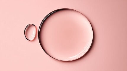 Two transparent water droplets floating in the air, with a soft pink background, shot from a top-down perspective, in high-resolution macro style suitable for skincare advertisements.
