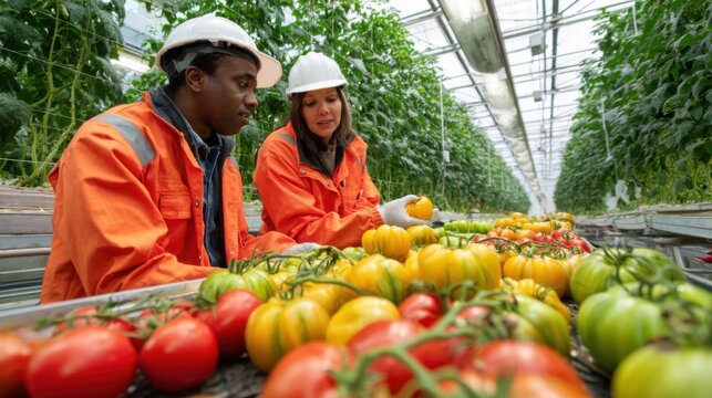 Two individuals in safety gear assess colorful tomatoes in a greenhouse filled with lush vines under bright lights, focusing on quality and harvest readiness.