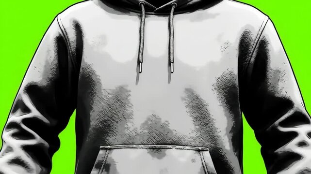 Illustration of a monochrome hoodie with a drawn design against a vivid green backdrop. The hooded sweatshirt displays graphic lines and textures.