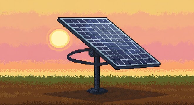 Pixel Art Solar Panel at Sunset: Green Energy Technology Illustration